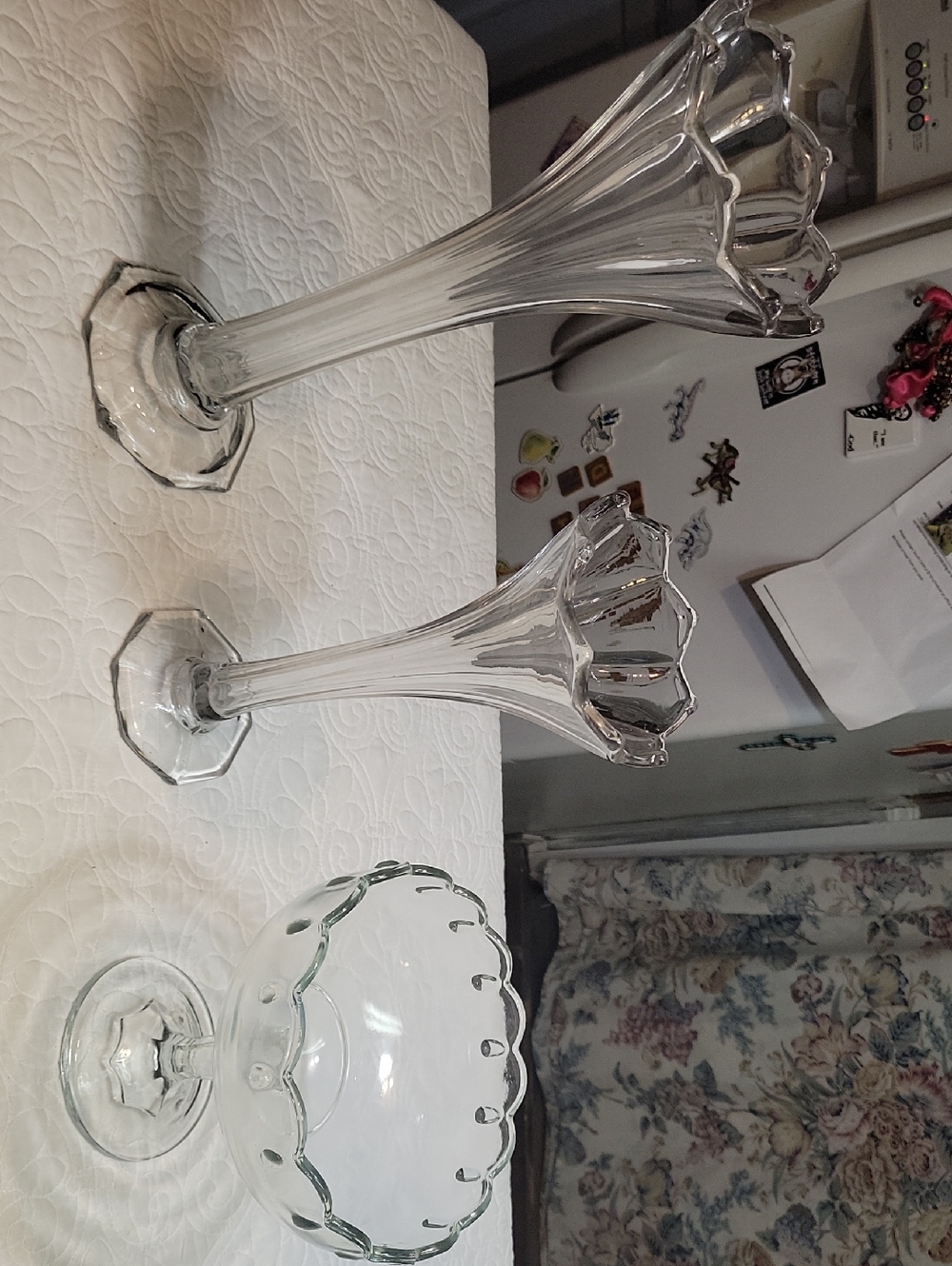 Clear Glass Trumpet Bud Vases and Scalloped Compote - Set of 3
